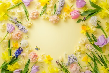 Canvas Print - A heart-shaped arrangement of flowers is displayed beautifully against a vibrant yellow background.