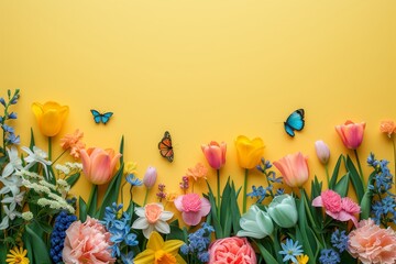Poster - A bunch of flowers in various colors placed next to a vibrant yellow wall.