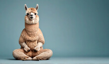 Calm Looking Alpaca Or Llama Wearing Simple Clothes, Sitting On Ground In Lotus Like Position. Zen Meditation Concept. Banner With Space For Text At Side. Generative AI 