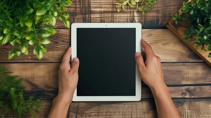Poster - Generative AI : hand holding tablet similar to ipades style on wood table.top view