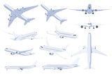 Fototapeta  - Airplanes in different angles on a white background. Passenger and cargo air transport. Fast intercity flight. Vector illustration