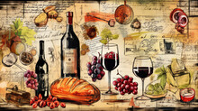 Sketch Collage Vintage Bohemian French Bistro Aesthetic Food Green Red Wine Bottles And Menu Hand Writing With Wine, Bread And Meat Created With Generative AI Technology