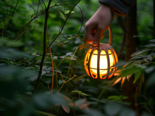 Canvas Print - A small lantern in the middle of the forest.