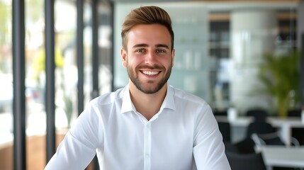 Poster - Generative AI : Portrait of smiling businessman standing at corporate office