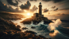 Lighthouse At Sunset,Hyper-realistic Image Of An Old Lighthouse On A Rugged Coastline At Sunset, With Waves Crashing,desktop Wallpaper.Generative AI.