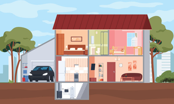 Residential building in the section. Home furnishing. Interior of a house with furniture. Different rooms, kitchen, bathroom, bedroom. Vector illustration