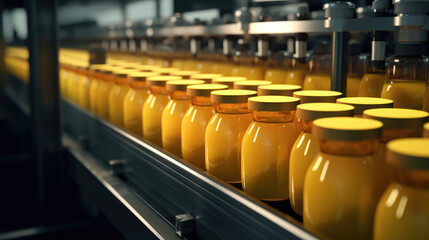 Wall Mural - Production of natural juices in bottles on the factory juice conveyor