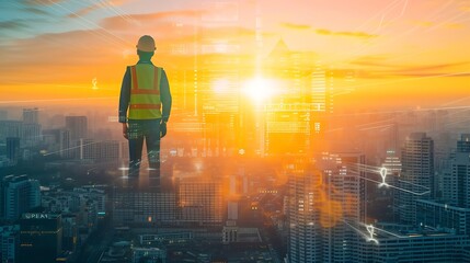 Leinwandbilder - Generative AI : The double exposure image of the engineer standing back during sunrise overlay with cityscape image. 