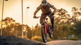 Fototapeta Do przedpokoju - Teenage bmx BMX rider in action at skatepark
