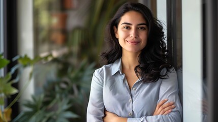 Poster - Generative AI : Indian successful confident Arabian businesswoman worker lady boss female leader girl business woman posing crossed hands looking at camera in office