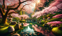 Peaceful Japanese Garden In Spring With Cherry Blossoms Reflected In A Serene Pond, Stone Lanterns, A Wooden Bridge, And Koi Fish. Mood: Tranquil, Renewing. Generative AI