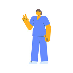 Wall Mural - Nurse shows two fingers gesture and smiles