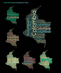 Poster - Colombia. Set of typography style country illustrations. Colombia map shape build of horizontal and vertical country names. Vector illustration.