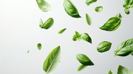 Aufkleber - Generative AI : Green basil leaves flying on white background. Fresh levitating leaves isolate