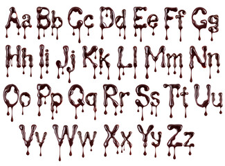Poster - Glossy large letters of the Latin alphabet made of chocolate with dripping drops isolated on a white background