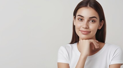 Wall Mural - Generative AI : closeup portrait of young happy woman looking in camera