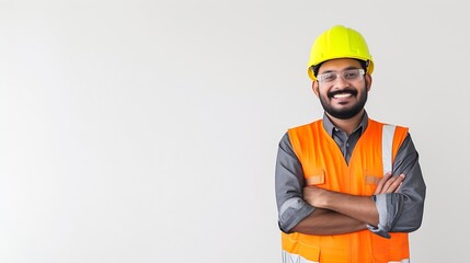 Poster - Generative AI : Construction worker, engineer and studio portrait of happy man in vest and helmet for safety on white background. 