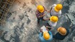© The Little Hut - Generative AI : Civil engineer teams meeting working together wear worker helmets hardhat on construction site in modern city.