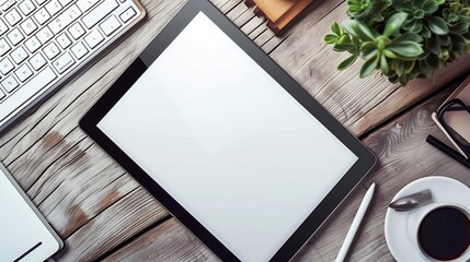 Poster - Generative AI : mockup tablet similar to ipad style on wood desk white display.keyboard
