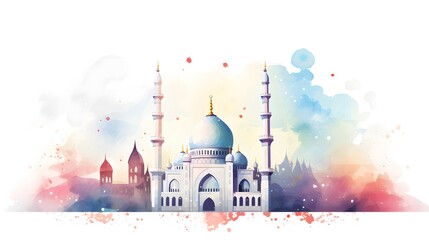 Ramadan Kareem greeting card with mosque in watercolor style. Vector illustration.
