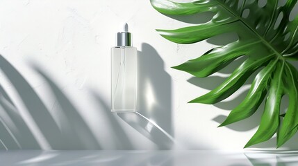 Poster - Generative AI : Reusable glass white bottle for oil, cream, lotion or serum on a beige background