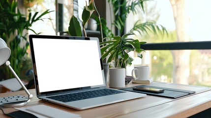 Aufkleber - Generative AI : Workspace with mockup blank screen laptop computer.