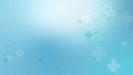 Geometric medical symbols of crosses on an animated background in blue tones. Scientific looped abstract motion graphics.