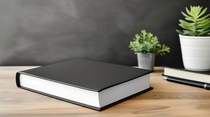 Poster - Generative AI : Blank book cover mockup, hardcover mock up of business literature on wood desk, office table. High quality photo