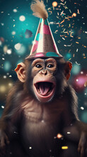 Funny Monkey In A Party Hat With Confetti On A Dark Background