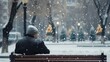 Generative AI : Moment of solitude as a distant figure sits on a quiet park bench during a cold winter