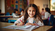 © Art AI Gallery - Portrait of smiling little girl sitting at desk in classroom at school