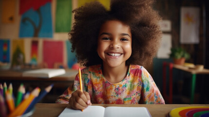 Portrait of smiling african american little girl drawing in class