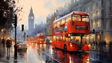 Fototapeta  - Two double decker buses are captured in this painting. This image can be used to showcase the hustle and bustle of city life.