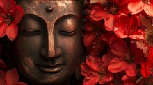 A Captivating Buddha Statue Emerges Among A Vibrant Tapestry Of Red Flowers, Exuding An Aura Of Profound Peace And Beauty.