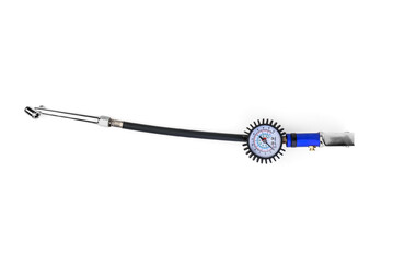 Hand pneumatic tire inflator gun with pressure gauge isolated on white background.