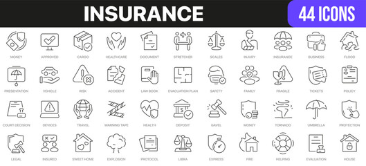 Poster - Insurance line icons collection. UI icon set in a flat design. Excellent signed icon collection. Thin outline icons pack. Vector illustration EPS10
