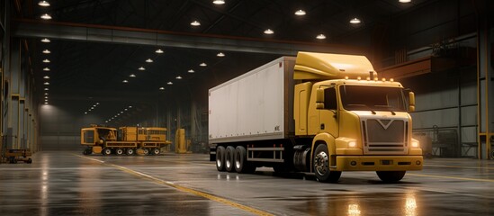 The truck is parked in the factory warehouse and will deliver cargo