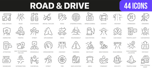 Aufkleber - Road and drive line icons collection. UI icon set in a flat design. Excellent signed icon collection. Thin outline icons pack. Vector illustration EPS10