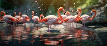 Flamingos Eat Fish In The River