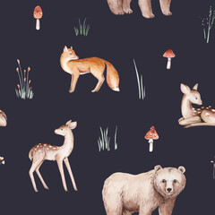 Wall Mural - Watercolor Woodland animals seamless pattern. Fabric wallpaper forest with baby deer. Owl, fox and butterfly, Bunny rabbit set of forest, bear and bird baby animal Nursery