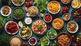 Fototapeta  - Assortment of healthy food dishes. Top view. Free space for your text