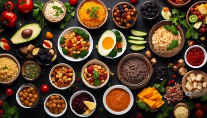 Wall Mural - Assortment of healthy food dishes. Top view. Free space for your text