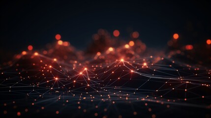 Visualization of a data technology theme, abstract design with 3D rendered connecting dots and lines, set on a dark background