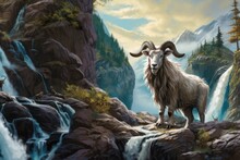 A Wild Mountain Goat In Scenic Wilderness Exploring The Rocky Landscape.	
