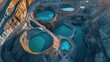Aerial view of deep excavation sites with vibrant mineral pools, titanium mine
