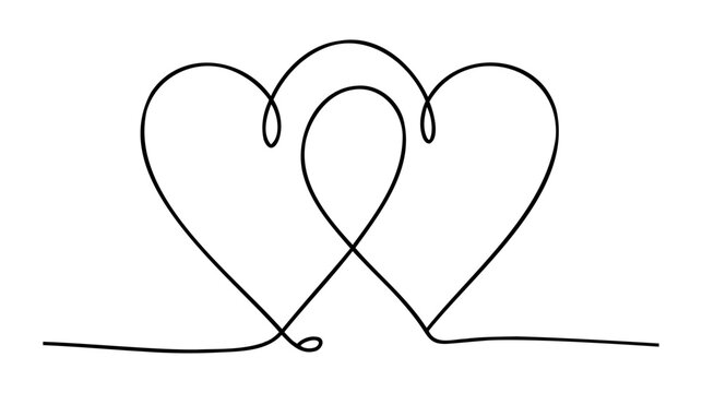 Continuous line drawing of love sign with two hearts embrace minimalism design on white background.