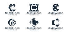 Set Of Cinema Film Strips Combine With Letter C Logo Design. Abstract Letter Mark Logo Concept Vector Template.