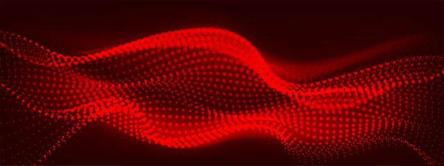 Poster - Abstract red particles flow wave dot landscape digital data structure future mesh grid technology background vector