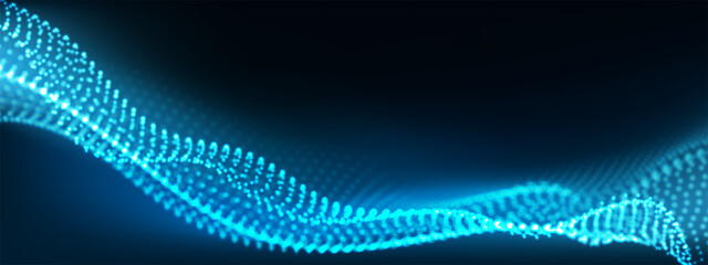 Poster - Abstract blue particles flow wave dot landscape digital data structure future mesh grid technology background vector