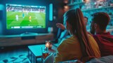 Fototapeta  - Rear view of young couple watching football match on tv at home, ai generative